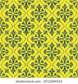 Elegant Seamless Repeating Wallpaper Pattern in Yellow and Navy with Intricate Floral Design