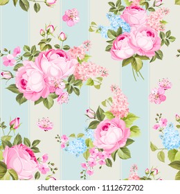 Elegant seamless rose pattern on blue tile background. Vector illustration.