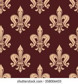 Elegant seamless royal fleur-de-lis pattern with beige floral motif over brown or maroon background. Wallpaper, textile or interior design usage