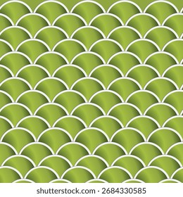 Elegante padrão de vieira sem costura com ilusão de profundidade 3D. Apresenta escalas de gradiente verde-limão vibrante e contornos brancos limpos. Ideal como um fundo luxuoso para a moda, marinha, pacote de produtos naturais
