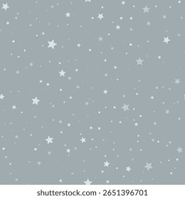 Elegante padrão de neve e estrelas espalhadas sem costura. Fundo festivo de inverno cinzento. Perfeito para design sazonal, embrulho de presente, embalagem de produto, impressão têxtil de Natal, decoração de feriado de ano novo