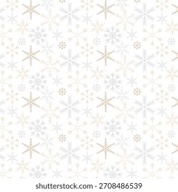 Elegante padrão de floco de neve sem costura em tons sutis de ouro e prata