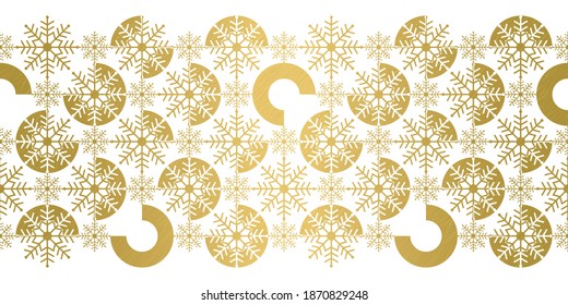 Elegant seamless snowflake texture on a white background. Geometric gold foil vector pattern Border with scratches for banner, greeting, Christmas and New Year card, invitation and paper packaging. 