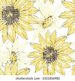 Elegant seamless summer pattern with chrysanthemum flowers, design elements. grunge yellow sunflower slub textured textile, fabric, wallpapers Jerusalem artichokes flower. 