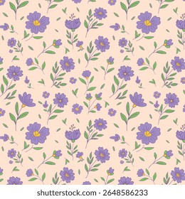Elegant seamless summer pattern with purple flowers and leafy branches on pastel peach background for fashion fabric and interior decor.
