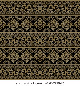 Elegante patrón tailandés sin fisuras con motivos ornamentales dorados sobre un fondo negro. Perfecto para el diseño textil, el Fondo de pantalla, el embalaje y el arte decorativo con un toque lujoso y cultural.