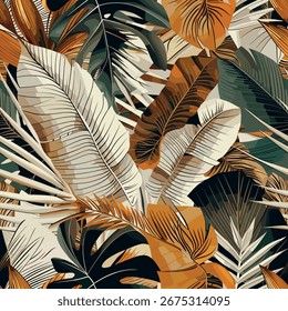 Elegante patrón de hojas tropicales sin fisuras con follaje exótico, tonos terrosos suaves y un diseño de Vector botánico de Alta resolución. Perfecto para la tela, el Fondo de pantalla, el embalaje, la marca y la superficie