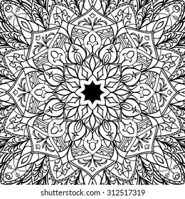 Elegant, seamless, vector backdrop with oriental ornaments of mandalas on a white background. Sketch pattern for carpet. African stylized pattern with flowers.