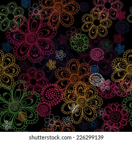 Elegant seamless vector background with colorful floral pattern on black background. Great as a wallpaper or background for wedding or birthday party invitation, also for textile fashion design
