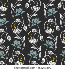 Elegant seamless vector background with curved stems and stylish flower blossoms