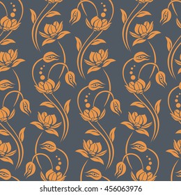 Elegant seamless vector background with orange curved stems and stylish flower blossoms