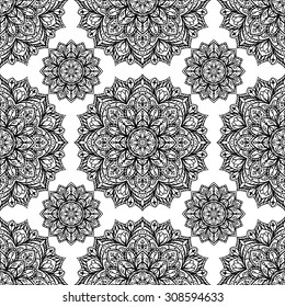 Elegant, seamless, vector background with oriental ornaments of mandalas on a white background. Sketch pattern for fabric. Template for textiles. Sketch embroidery carpet.