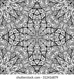 Elegant, seamless, vector cover with oriental ornaments of mandalas on a white background. Sketch pattern for rug. Floral pattern with pomegranates.