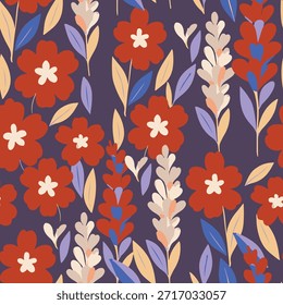 Elegante fondo floral de Vector sin fisuras con vibrantes flores rojas y púrpuras. Perfecto para estampados de moda de lujo, envoltura de regalo romántico y decoración del hogar.