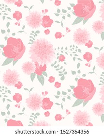 Elegant seamless vector floral pattern with dahlias and small flowers and leaves for wedding invitations, packaging, wallpaper, wrapping paper, textile, fashion