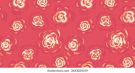 Elegant seamless vector floral pattern with hand drawn abstract roses in cream and peach tones on a warm coral red background. Perfect for textiles, wallpapers, packaging, and romantic themed designs.