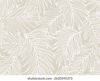 Elegant Seamless Vector Illustration Of Tropical Palm Leaf Patterns In Monochrome Tones On Beige Background, Decorative Element For Design And Decoration.
