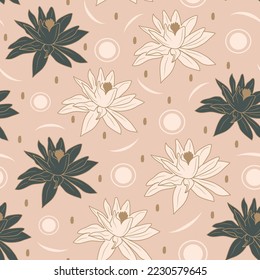 Elegant seamless vector patter illustration with  green and white water lily flowers on pink background