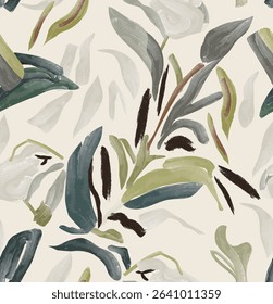 Elegant seamless vector pattern of abstract watercolor leaves in muted green, teal, beige, and earthy brown tones. A subtle and organic composition, ideal for fashion prints, home textiles, wallpapers