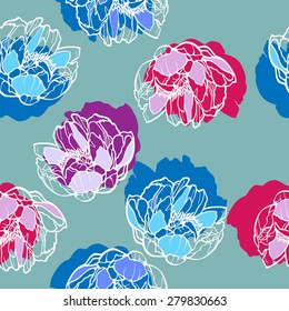elegant seamless vector pattern with abstract peonies flowers and colorful background for your design