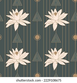 Elegant seamless vector pattern background illustration with gold geometric shapes and water lily flowers