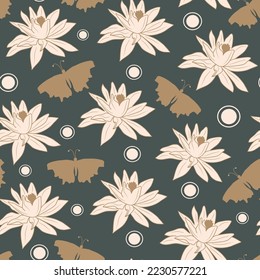 Elegant seamless vector pattern background illustration with gold butterflies silhouette and water lily flowers	
