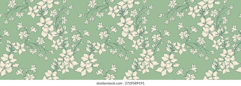 Elegant seamless vector pattern with blooming flowers and thin stems on a pastel mint, green background. Nature ornament for fabric, wrapping paper, wallpaper, and textile design
