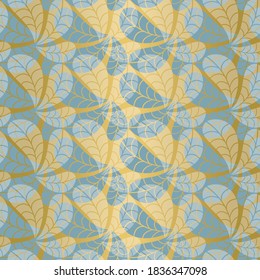 Elegant seamless vector pattern. Blue and white abstract leaf shapes on gold foil background. Great for scrap booking, banners, packaging, wedding and Christmas wrapping paper.