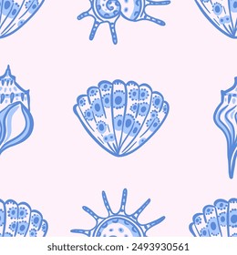 Elegant seamless vector pattern of blue abstract seashells in hand drawn style. Perfect for summer-themed beach designs and coastal decorations.