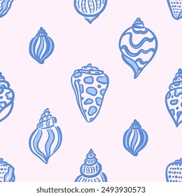 Elegant seamless vector pattern of blue abstract seashells in hand drawn style. Perfect for summer-themed beach designs and coastal decorations.