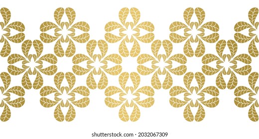 Elegant seamless vector pattern Border with leaf flowers. Gold geometric leaf shapes on white background. Great for home decor, packaging, wedding and Christmas wrapping paper and greeting cards.
