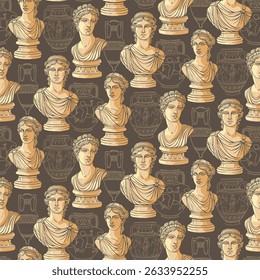 Elegante padrão vetorial sem emenda com bustos e ânforas gregos e romanos clássicos. Perfeito para decoração vintage, papel de parede, têxteis e desenhos históricos