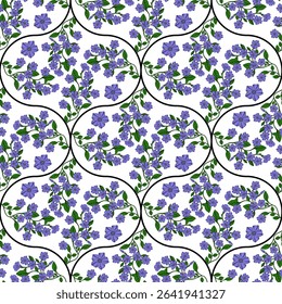 Elegant Seamless Vector Pattern with Delicate Purple Periwinkle Flowers and Black Curves on White Background