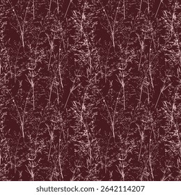 Elegant seamless vector pattern with delicate sketch style grass and wild floral stems in deep brown tones. Nature ornament for fabric, stationery, wallpaper, packaging