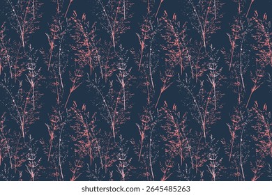 Elegant seamless vector pattern with delicate pink botanical stems on a deep navy background. Nature ornament for textile prints, wallpapers, packaging, and feminine design themes