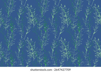 Elegant seamless vector pattern with delicate green botanical stems on a deep blue background. Nature ornament for textile prints, wallpapers, packaging, and feminine design themes