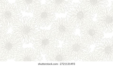 Elegante vetor sem costura padrão com delicadas flores de crisântemo de arte de linha bege, criando um fundo floral sutil e bonito.