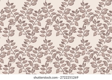 Elegante patrón de Vector sin costuras con ramas de hoja dibujadas a mano en tonos marrones suaves sobre un fondo beige claro. Diseños naturales y refinados para textiles, embalaje y decoración
