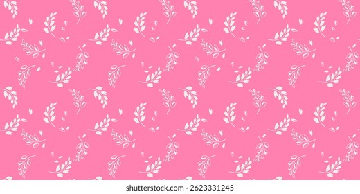 Elegant seamless vector pattern featuring delicate white botanical branches and scattered leaves on a pink background. Minimalistic and nature inspired, perfect for textiles, wallpapers,  stationery