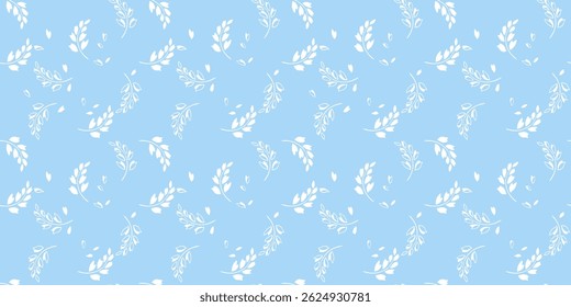 Elegant seamless vector pattern featuring delicate white botanical branches and scattered leaves on a soft blue background. Minimalistic pastel print and nature inspired for textiles, stationery