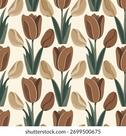 Um elegante padrão vetorial sem emenda com tulipas estilizadas em uma paleta quente e terra de marrom e bege. Esta ilustração botânica retrô sobre um fundo de creme, vintage-inspirado humor.