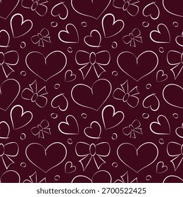 Elegante padrão de vetor sem emenda com densos corações de arte de linha branca e arcos em um fundo maroon profundo, perfeito para embrulho de presente de férias, têxtil de inverno ou artigos de papelaria do Dia dos Namorados.