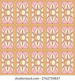 An elegant, seamless vector pattern featuring a rhythmic composition of geometric shapes. Designed in a refined stained-glass style using pastel pink and golden hues