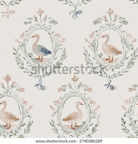 Elegant seamless vector pattern featuring whimsical geese framed in delicate oval floral wreaths. Inspired by romantic rococo and vintage botanical illustration, this repeating design uses soft pastel colors and hand-drawn details. Perfect for wallpaper, fabric, wrapping paper, stationery, nursery decor, wedding design, and classic interior or surface design projects.