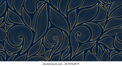 Elegant seamless vector pattern with golden leaves, exotic flowers, tropical foliage, abstract geometry and botanical art, luxurious style. Vintage background summer paradise and jungle scenery