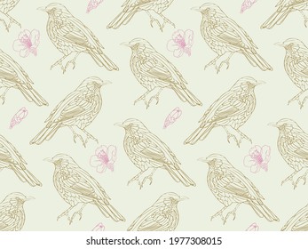 Elegant seamless vector pattern with han drawn birds and flowers