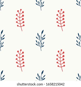 Elegant seamless vector pattern of hand drawn branches with leaves and berries on a white background.