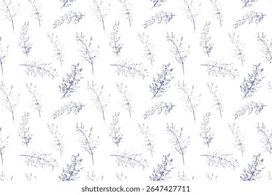 Elegant seamless vector pattern with hand drawn wild grass stems in navy and blue  on a white background. A delicate, minimal botanical design perfect for fabrics, wallpapers, packaging, branding