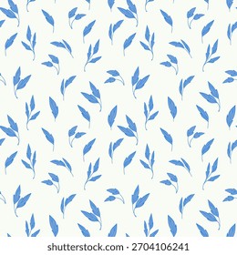 Elegante padrão de vetor sem emenda com ramos folhosos azuis desenhados à mão em um fundo claro. Desenhos botânicos modernos para tecido, papelaria, embalagem, papéis de parede