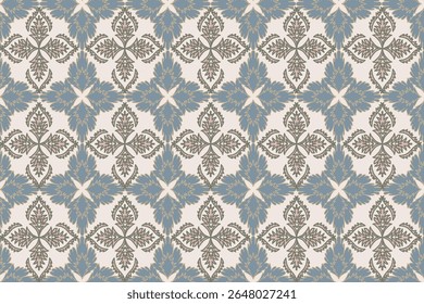 Elegant seamless vector pattern inspired by vintage tiles and floral motifs. Features a symmetrical design in soft blue, beige, and earthy tones. Perfect for wallpapers, textiles, backgrounds, 